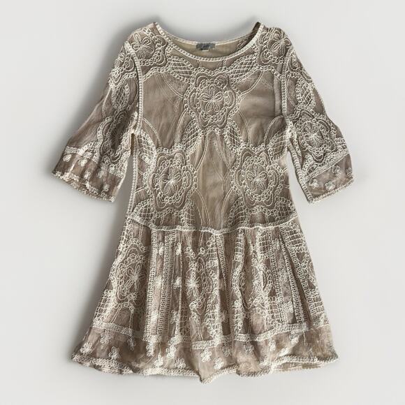 Yaira XL Beige Cream Lace Dress Tunic Top Boho Crochet Sheer 3/4 Sleeve - Picture 1 of 6